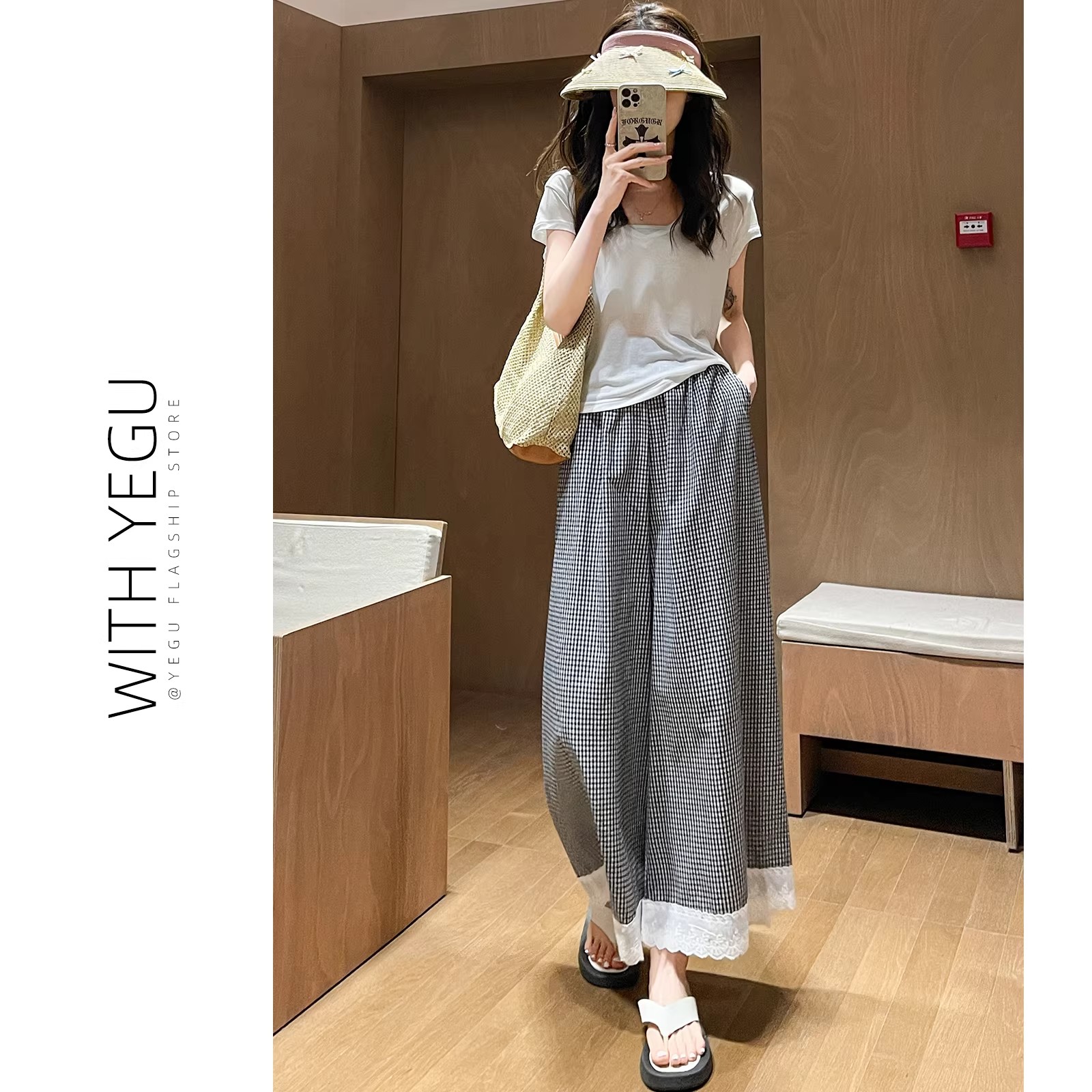 格子裙裤女蕾丝花边阔腿裤子夏季