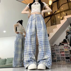 清仓捡漏美式复古格子阔腿裤女夏季高腰显瘦BF宽松直筒工装休闲裤