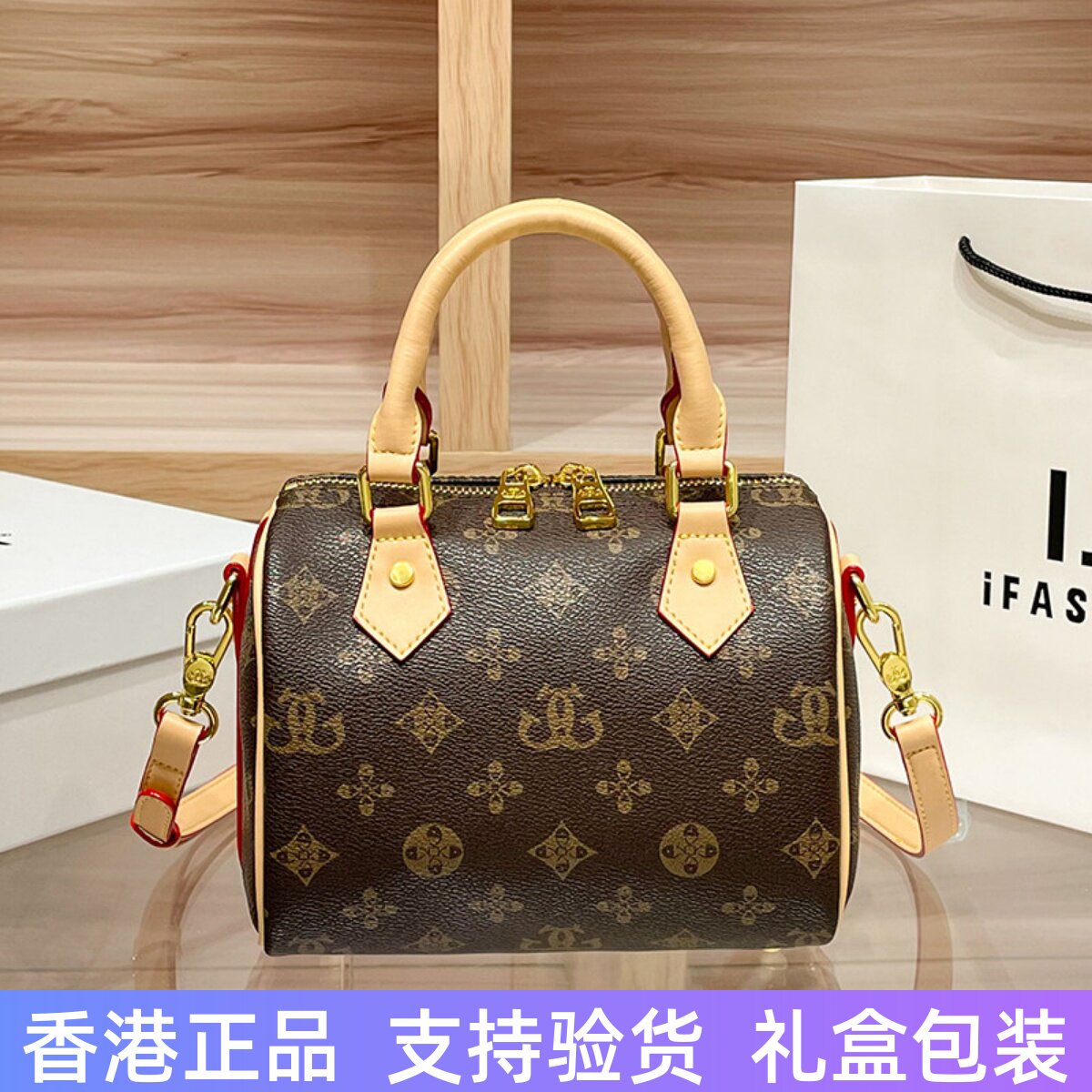 香港真皮波士顿枕头包女包2026新款时尚老花手提包百搭单肩斜挎包