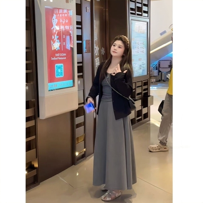 码条纹吊带长袖开衫外套显瘦半工