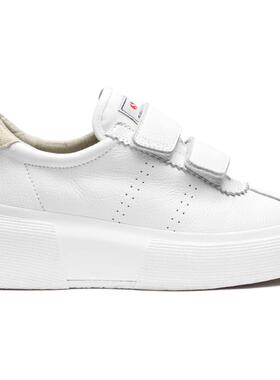 代购Superga女士休闲鞋舒适轻便易穿脱透气白色皮质魔术贴厚底