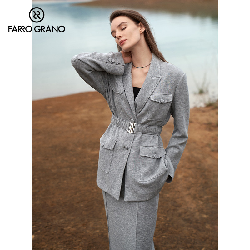 farro grano/菲诺格诺23年优雅设计感宽风衣松秋季西装领小众上衣