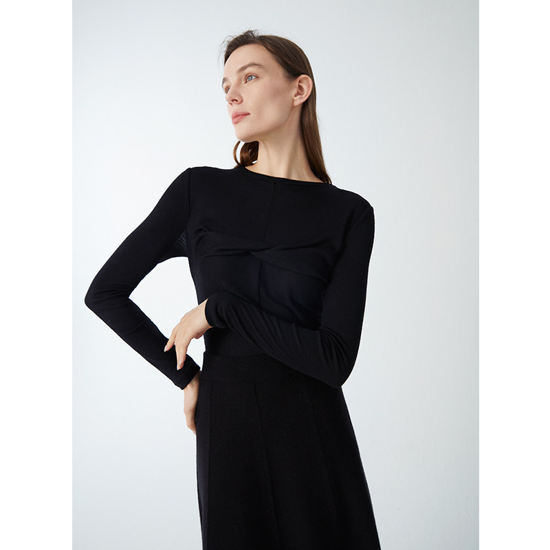 farro grano/菲诺格诺23秋季女装圆领长袖上衣时尚紧身扭结皮肤衣