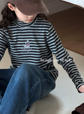 童乐鱼2025秋新款男童女童磨毛条纹长袖T恤中大童儿童童装潮9556