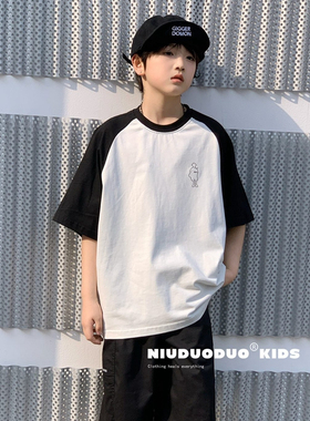 牛哆哆2025夏新款男童女童拼色短袖T恤中大童儿童童装潮学生63830