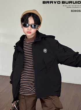 布芮欧2024冬款男童加绒冲锋衣外套拉链衫可脱下中大童儿童83035
