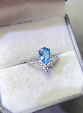 天然托帕石戒指高净度满火彩925银精工瑞士蓝天空蓝活口纯银戒指