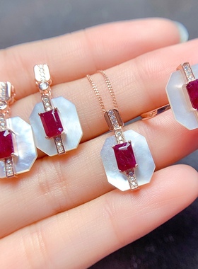新款天然方形红宝石套装戒指耳钉项链 活口戒指日韩银饰生日礼物