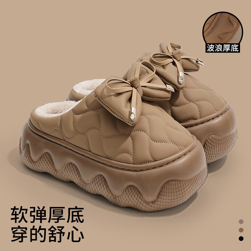 厚底蝴蝶结棉拖鞋女士冬季室内家居防水可爱保暖包头加绒棉拖女款