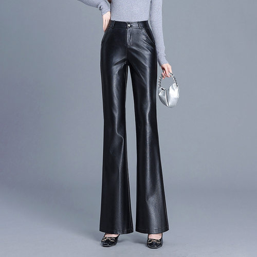 高腰微喇叭裤皮裤女裤2025秋冬新款高腰韩版修身显瘦鱼尾休闲长裤