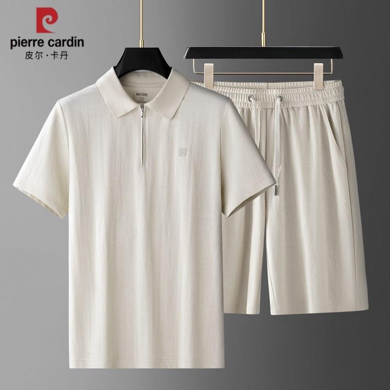 皮尔卡丹正品高端亚麻短袖套装男翻领夏季大码冰丝短裤两件套薄款