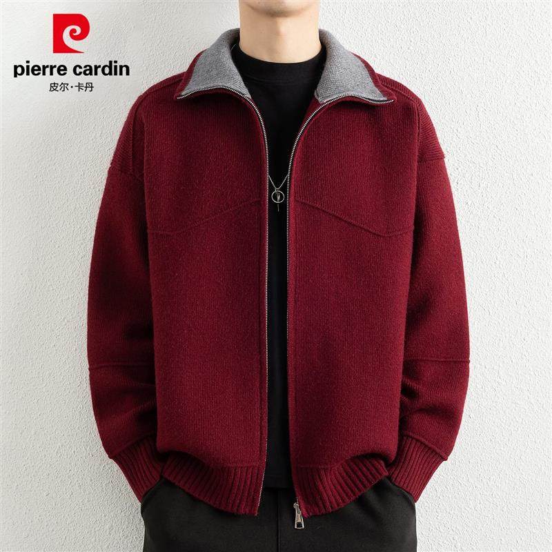 皮尔卡丹开衫毛衣男士红色本命年2025冬季新款休闲立领针织衫外套