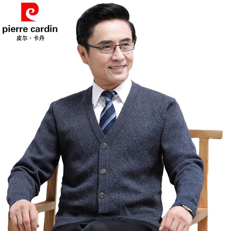 皮尔卡丹中老年人羊毛衫男长袖开衫爸爸装V领针织衫毛衣加厚外套