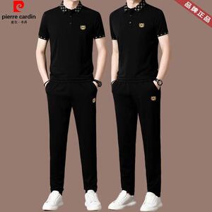皮尔卡丹正品轻奢桑蚕丝短袖套装男士休闲翻领体恤时尚两件套潮