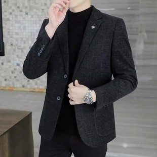 皮尔卡丹男士西装套装商务休闲春秋冬季加厚新款爸爸毛呢西服外套