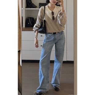 savi博主春夏欧美RAG&同款 阔腿直筒折痕毛边牛仔 高腰靛蓝天丝薄款