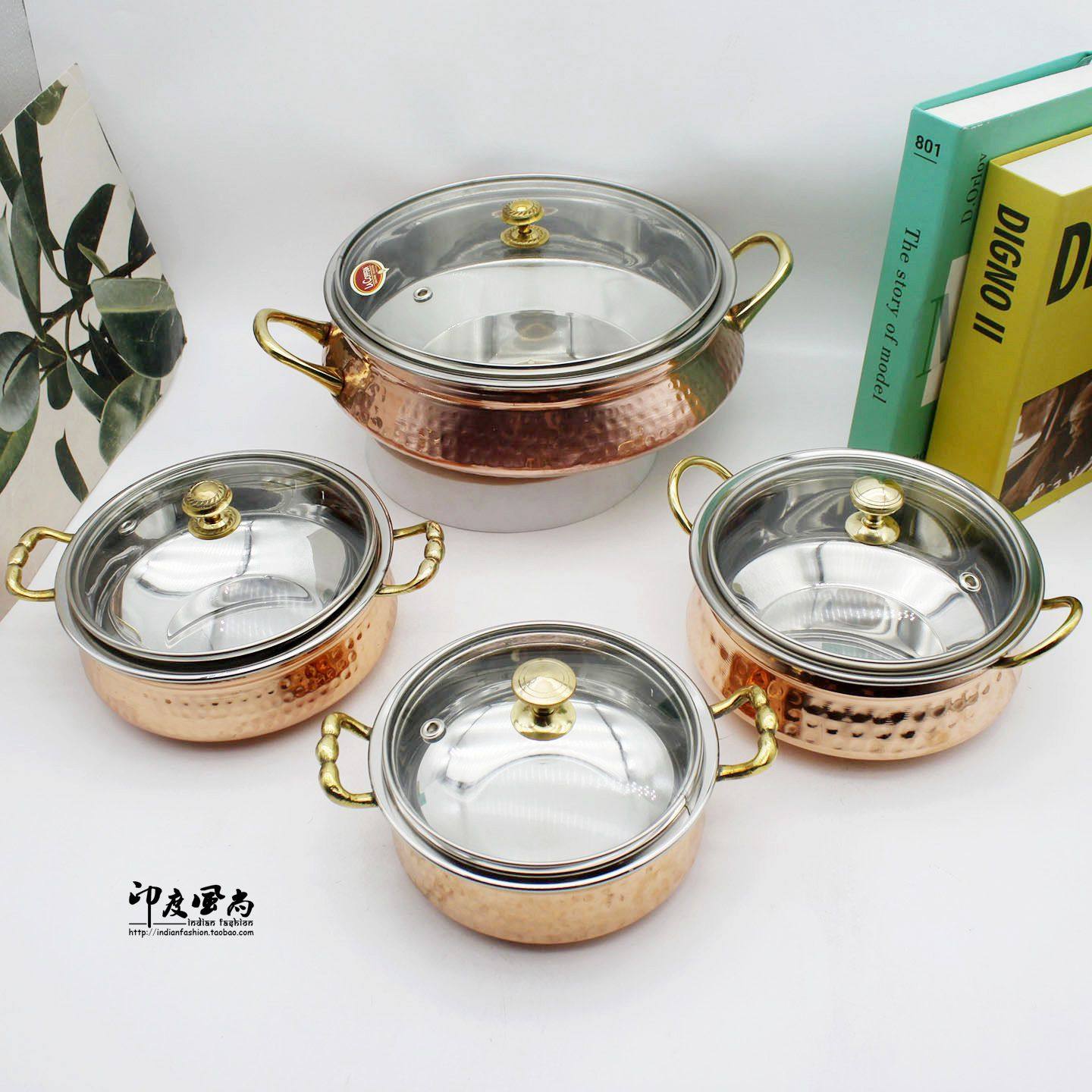 印度风尚 进口黄铜双耳带盖咖喱碗方便防烫把手 铜锅特色酒店餐厅
