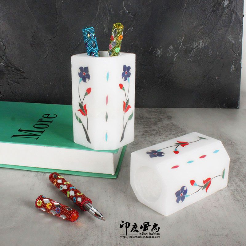 印度风尚 进口白色大理石彩绘刻花圆柱体笔筒笔插学生文具收纳筒