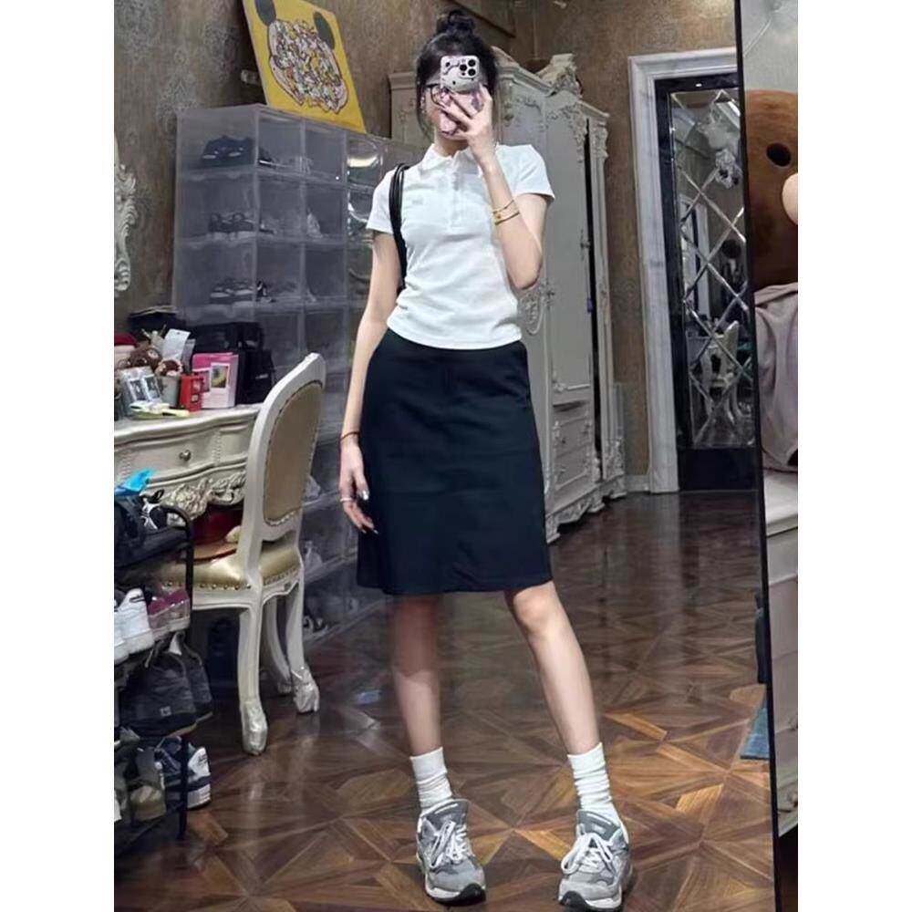 2024夏季新款高腰半身裙女美式休闲复古韩系风过膝中裙a字一步裙