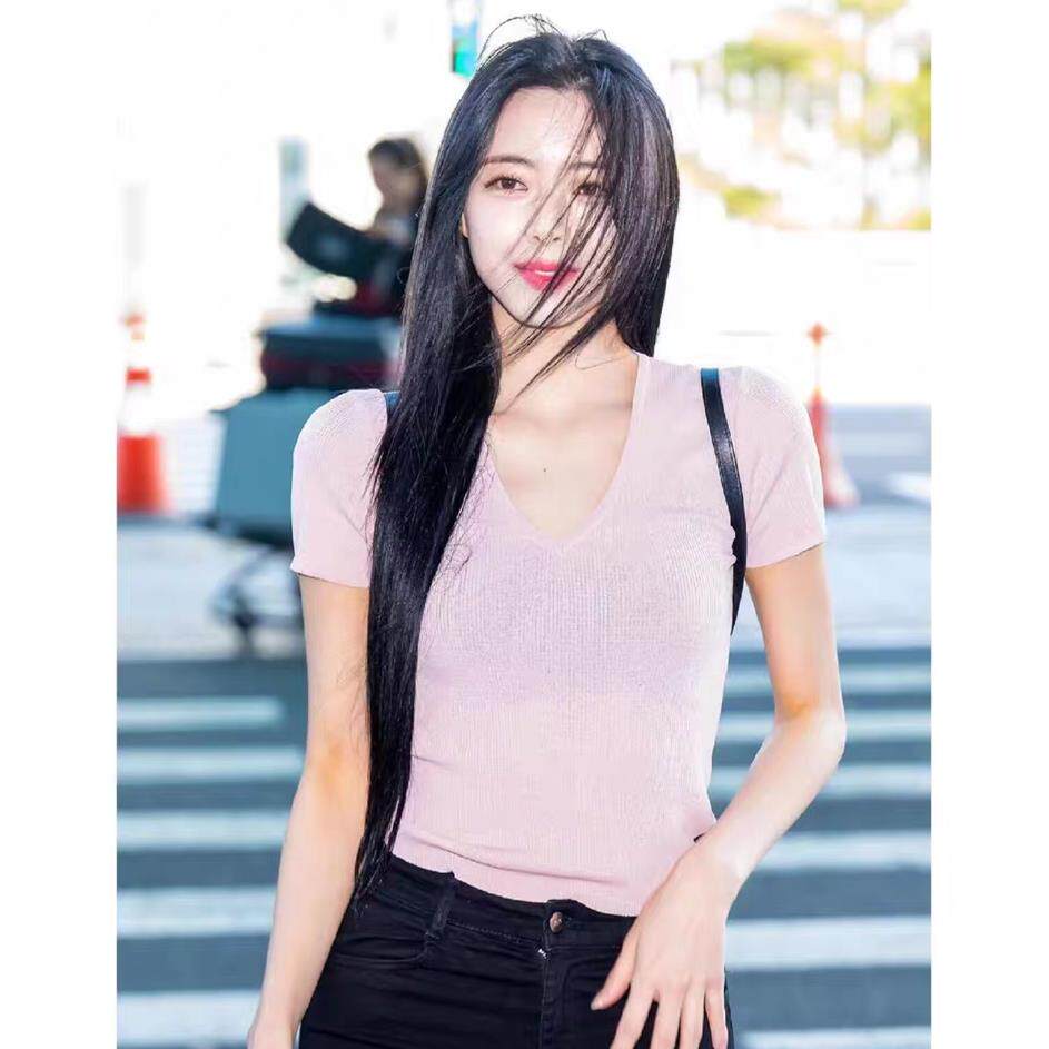 申有娜同款粉色T恤女2024夏季薄款冰丝针织衫短袖V领短修身上衣