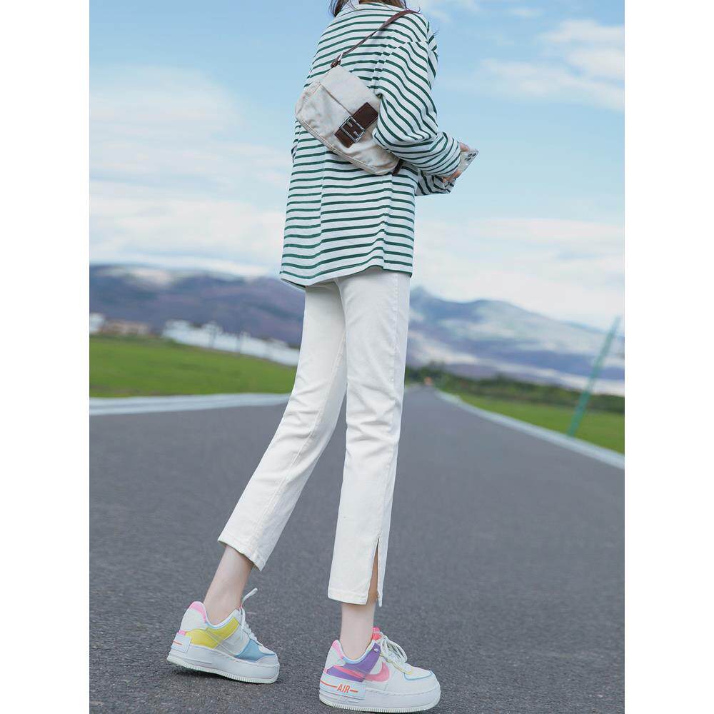 韩国白色开叉直筒牛仔裤女高腰2024新款春夏小个子九分弹力烟管裤