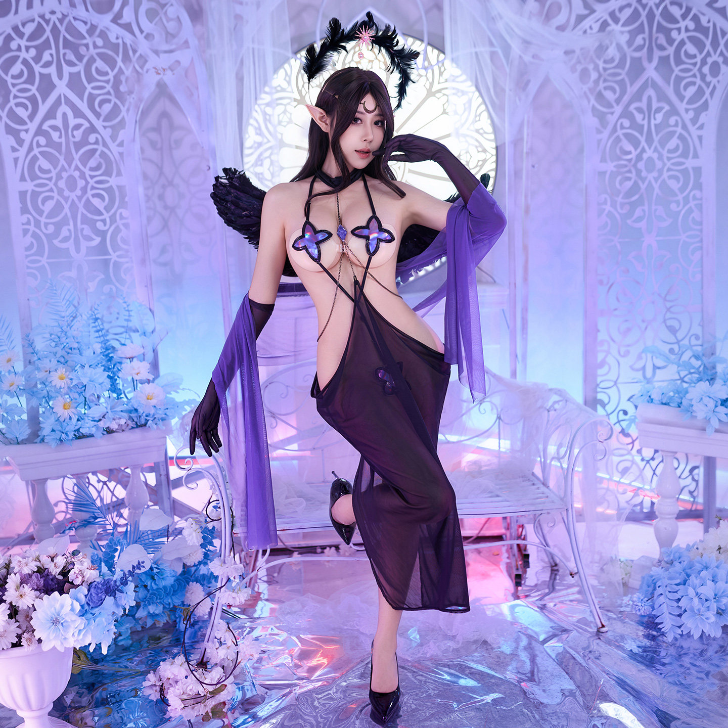 朔月女神梦幻三点式连体衣性感镂空透视黑网纱长裙二次元免脱睡衣