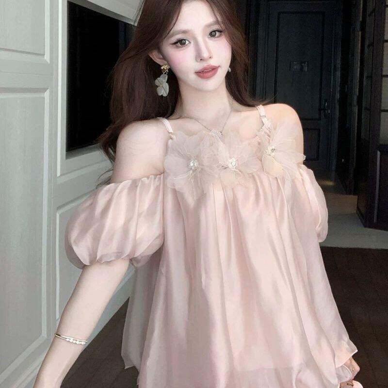 超仙泡泡袖粉色雪纺女夏