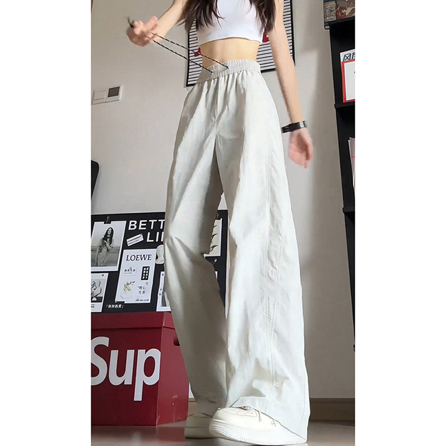 白灰色网眼透气冰丝裤子女夏季薄款美式速干工装裤直筒垂感休闲裤
