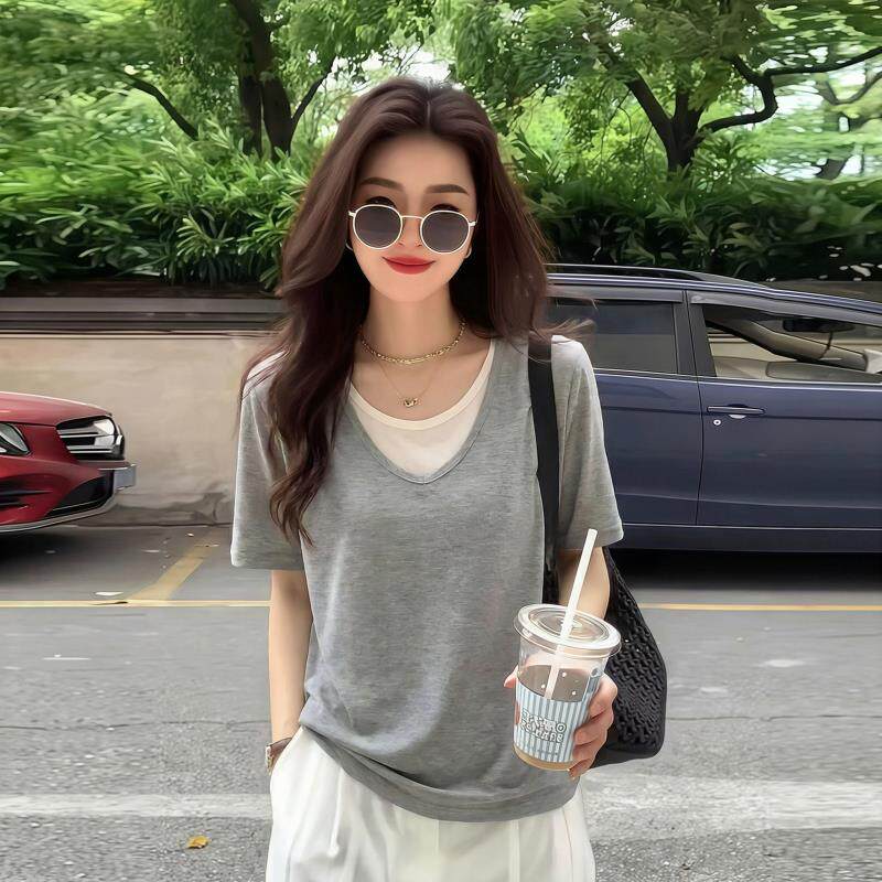 慵懒风灰色V领正肩短袖T恤女2026夏季新款大尺码胖mm假两件显瘦上