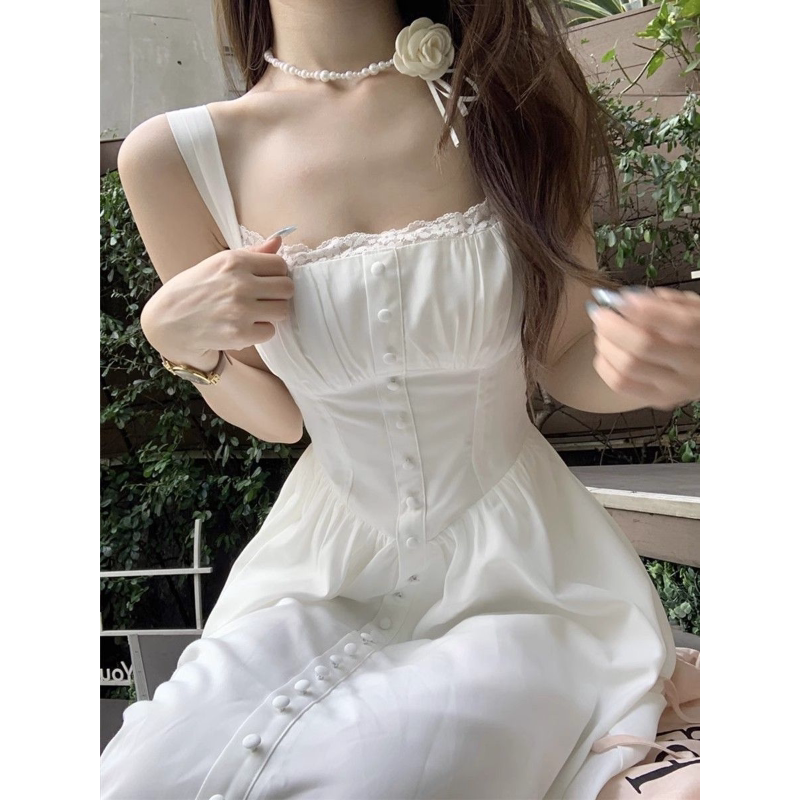 法式绝美白色吊带洋装女夏季新款初恋清纯奶甜收腰显瘦气质长裙