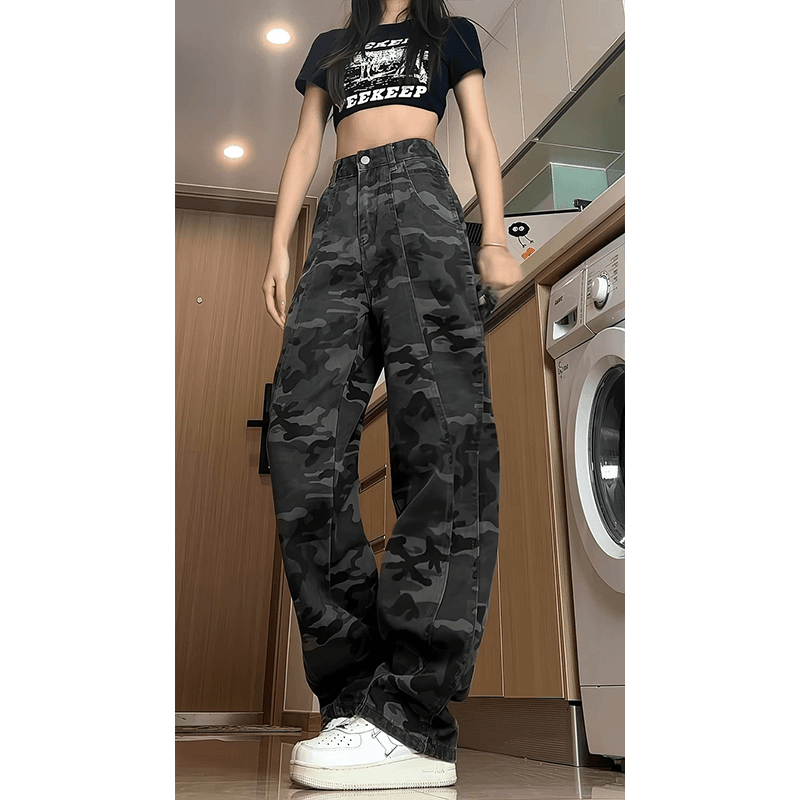 美式复古解构迷彩工装裤女款夏季显瘦裤子直筒宽松伐木阔腿牛仔裤
