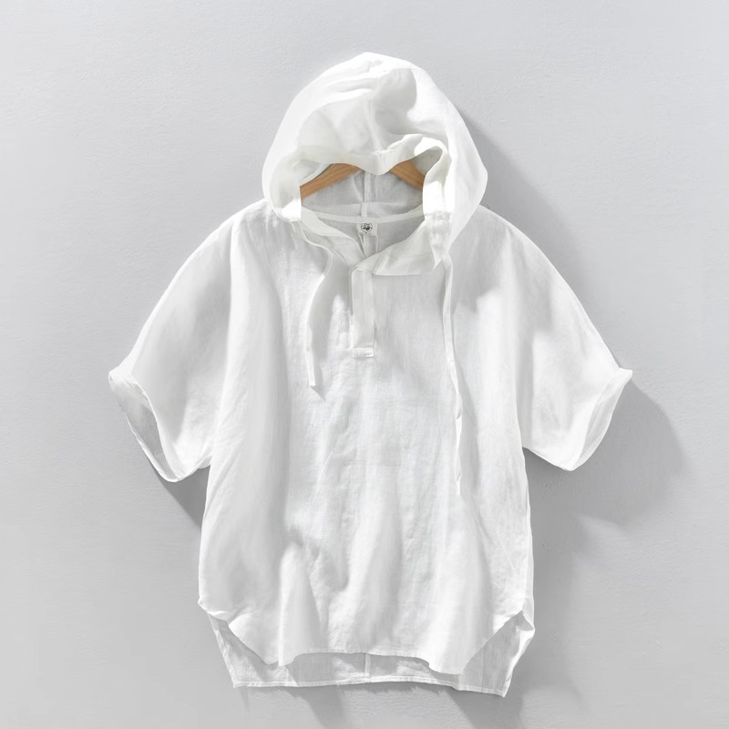 中国风潮流男士短袖夏季新款宽松薄款设计感衬衫时尚百搭连帽T恤