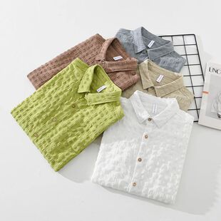 潮牌多巴胺色系泡泡纱短袖衬衫男时尚夏季少年感宽松休闲百搭衬衣