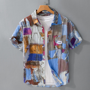 港风vintage涂鸦印花设计衬衫 衬衣 男复古文艺夏威夷痞帅宽松短袖