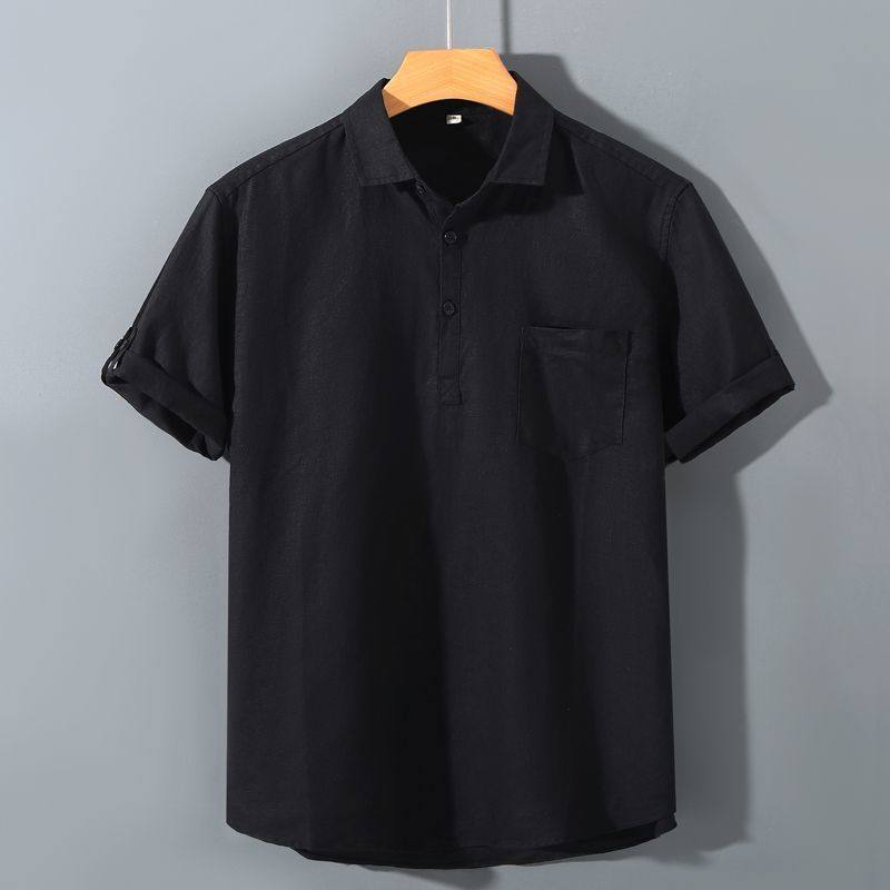 夏季高品质休闲亚麻短袖衬衫男士干净清爽棉麻衬衣男黑色经典百搭