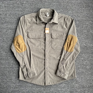 春款纯色弹力灯芯绒衬衫港风工装长袖男复古条绒肘部补丁休闲衬衣