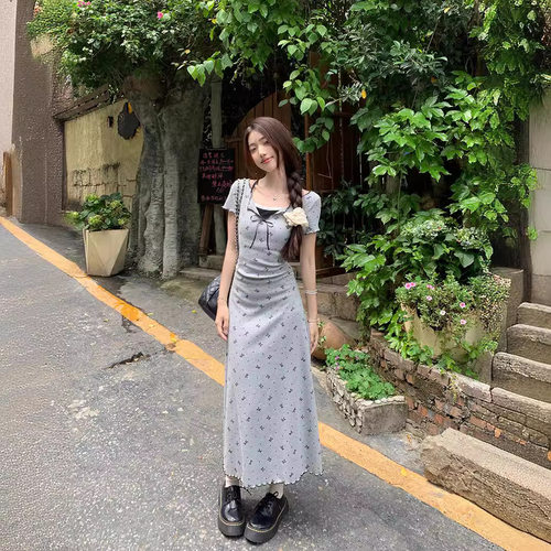 假两件蝴蝶结印花短袖连