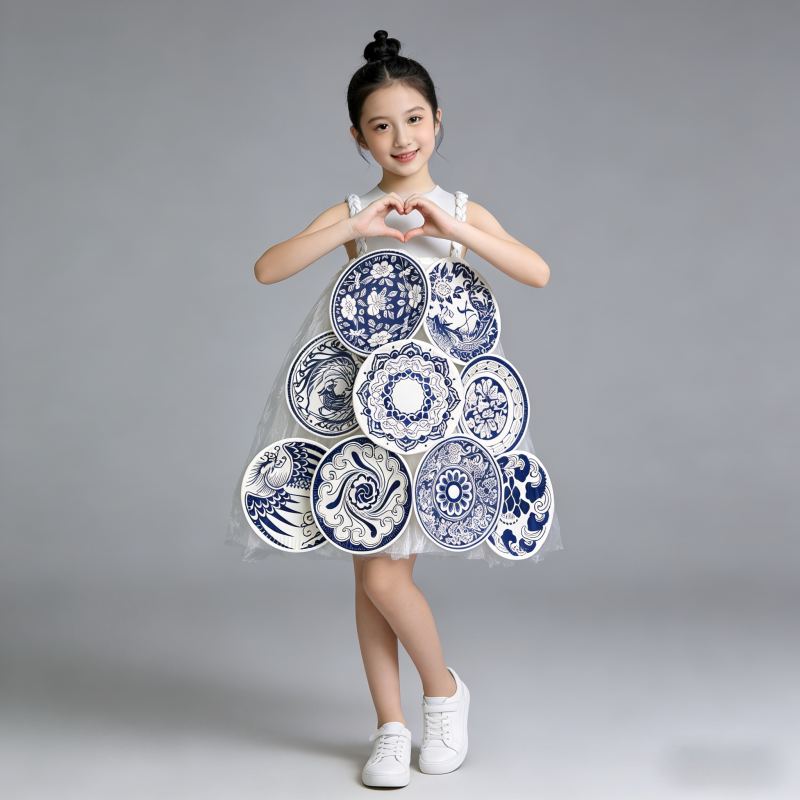 女童环保时装秀服装儿童幼儿园走秀青花瓷亲子手工diy环保衣服