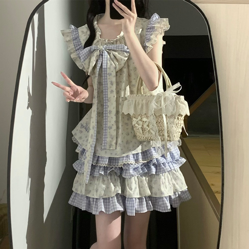 PINKDOG粉狗家 无尽夏 甜美可爱碎花衬衫上衣短款裙子套装女夏
