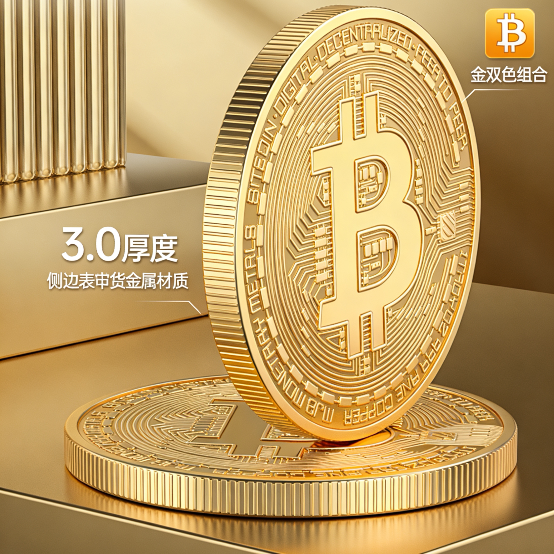 BTC 纪念币 金银双色电镀金属章 加厚立体收藏摆件 信仰纪念章