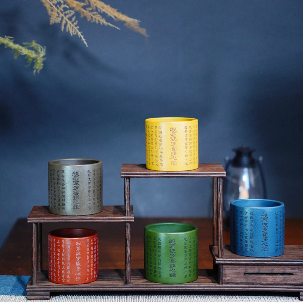 心经直桶主人杯宜兴紫砂杯刻绘五色杯纯全手工紫砂品茗杯茶水杯