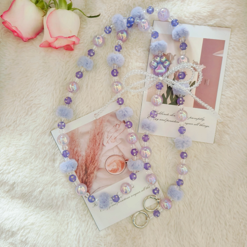 原创设计毛球串珠手机链长款斜挎链条高级感水晶珠子挂件配饰