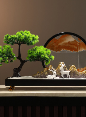 新中式禅意迎客松流沙画电视柜玄关办公室微景观摆件软装沙漏装饰