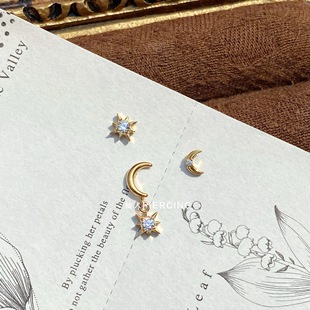 镀金耳钉 月坠 耳蜗钉 耳骨钉女 16g内螺纹 仙人 flat 钛合金