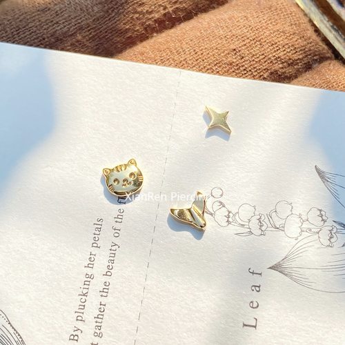 钛合金镀金耳钉猫咪星星