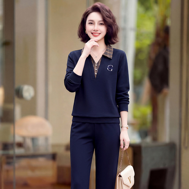 时尚洋气休闲运动套装女春装长袖卫衣显瘦50岁女士妈妈休闲装格子