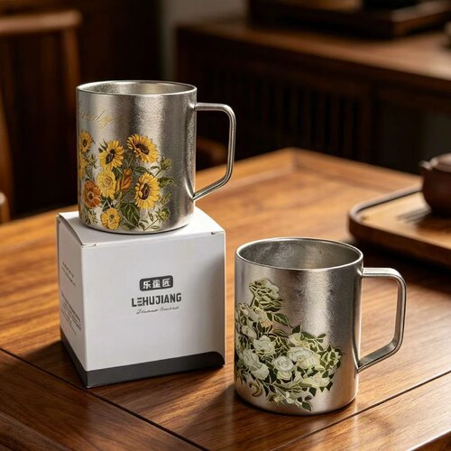内外纯钛马克杯复古花卉图案情侣对杯户外野餐茶杯礼品