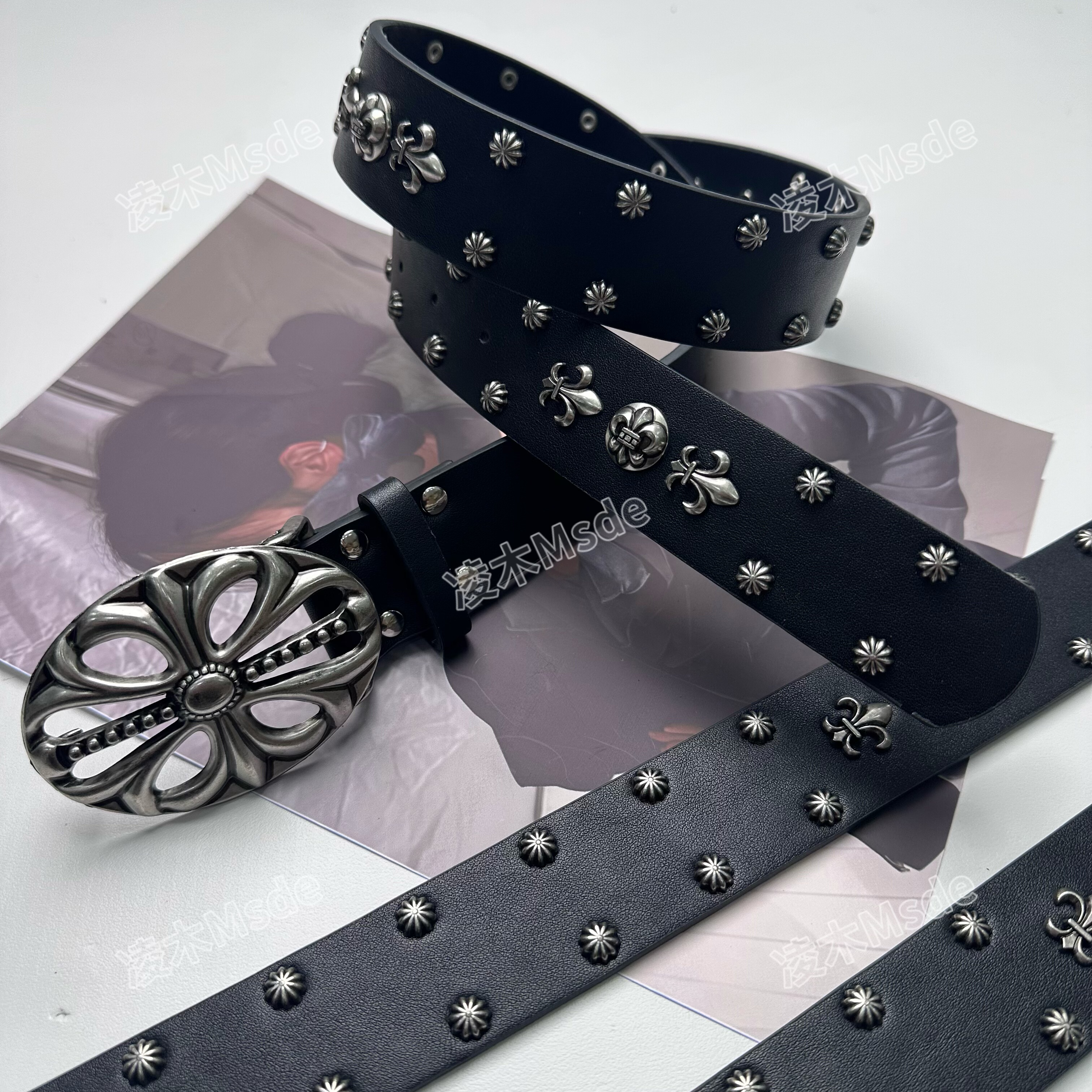 罗心十字架铆钉朋克风镂空板扣头装饰腰带