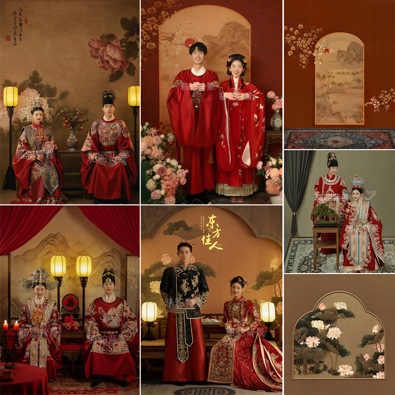 新中式婚纱古风汉服拍照背景纸影楼中国风秀禾明制婚服摄影背景布