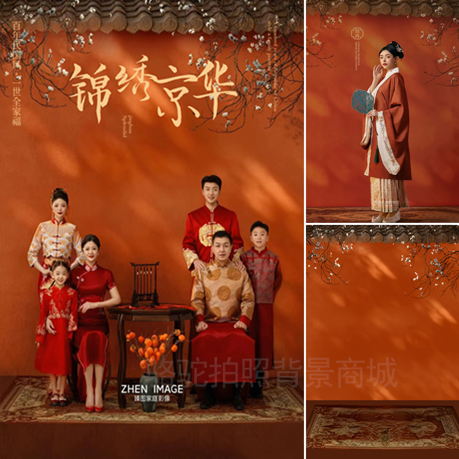 古风宫墙影楼红色春节喜庆摄影背景布3d一家六口全家福拍照背景纸